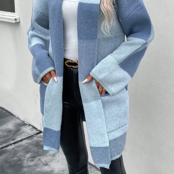 Blue Casual Womens Color Block Drop Shoulder Duster Cardigan - Picture 3 of 5